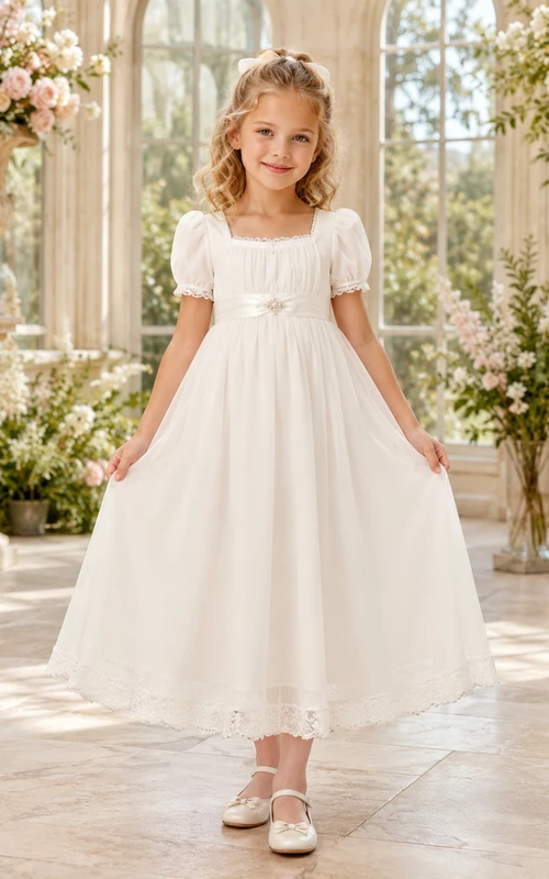 A-Line Regency Inspired Flower Girl Dress with Square Neckline, Puff Sleeves, Full Tulle Skirt, Satin Waist, Regency Ceremony Style