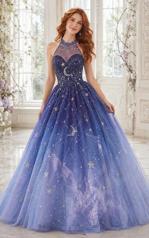 Wisteria High Neck Sleeveless Starry Tulle A-Line Floor-Length Prom Dress