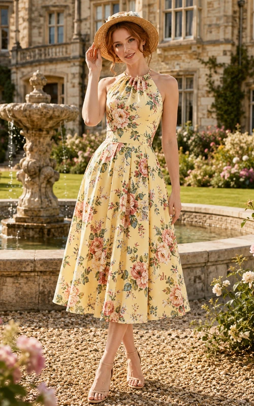 Yellow Floral Halter Country Estate Garden Tea Dress