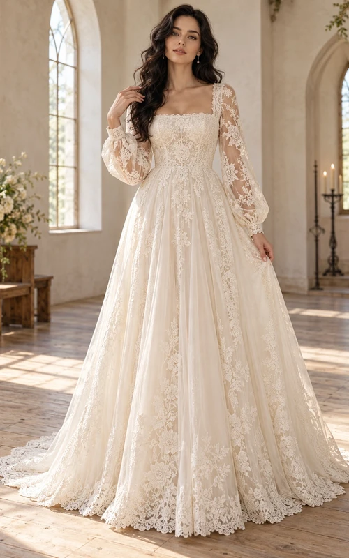 Square Neck Long Sleeve Floral Lace A-line Train Wedding Dress