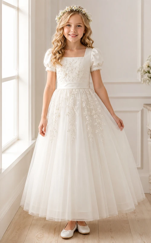 Elfenbeinfarbenes Kommunionsballkleid mit eckigem Ausschnitt, Puffärmeln und floraler Spitze
