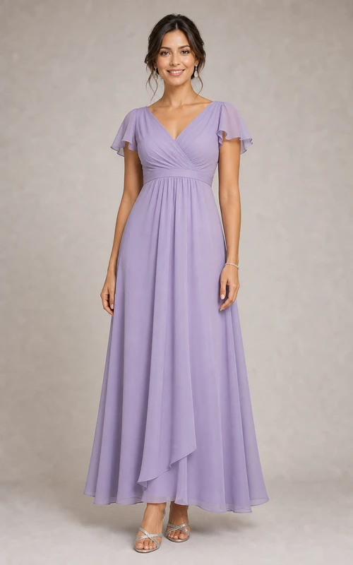 Lavender Chiffon V-Neck Floor-Length A-Line Dress with Flutter Sleeves