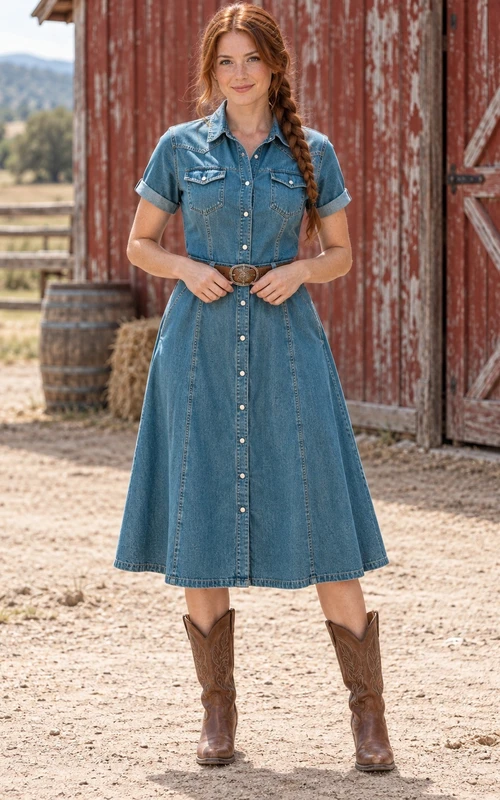 Vestido vaquero azul de manga corta con cuello y botones, largo hasta la rodilla, estilo western.
