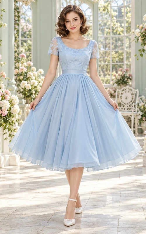 Robe de bal en tulle bleu ciel des années 1960, col rond, manches en dentelle.