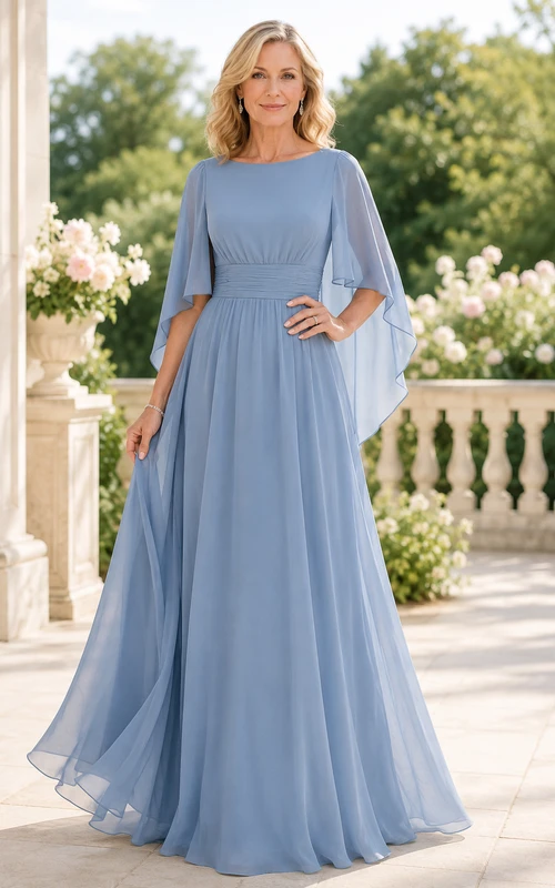 Stahlblaues Chiffon-Kleid in A-Linie mit Capeärmeln