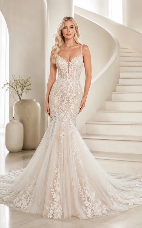 Robe de mariée sirène en dentelle florale sans manches à décolleté plongeant et traîne chapelle