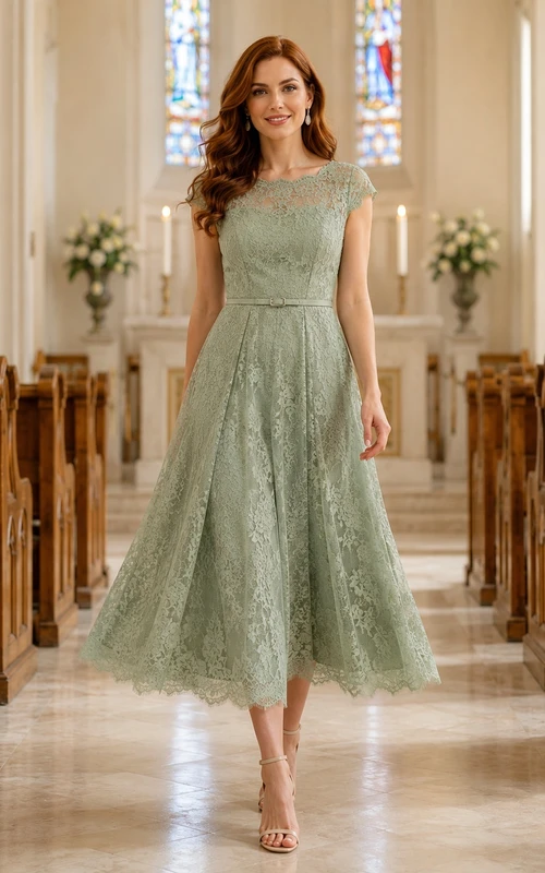 Vestido de fiesta de corte A con mangas cortas y encaje color salvia, ideal para invitadas a la iglesia.