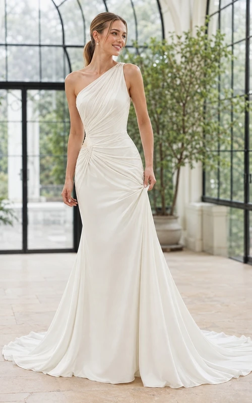 Vestido de novia sencillo de sirena, asimétrico, con fruncido en la cadera y largo hasta el suelo.