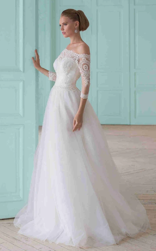 A-Linien-Brautkleid aus Tüll mit Perlenbesatz, schulterfrei, langen Ärmeln, Spitze und Illusionseffekt