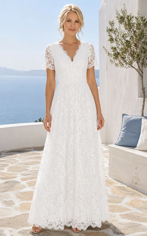 Romantic Lace A-Line Floor-Length V-Neck Short Sleeve Wedding Dress
