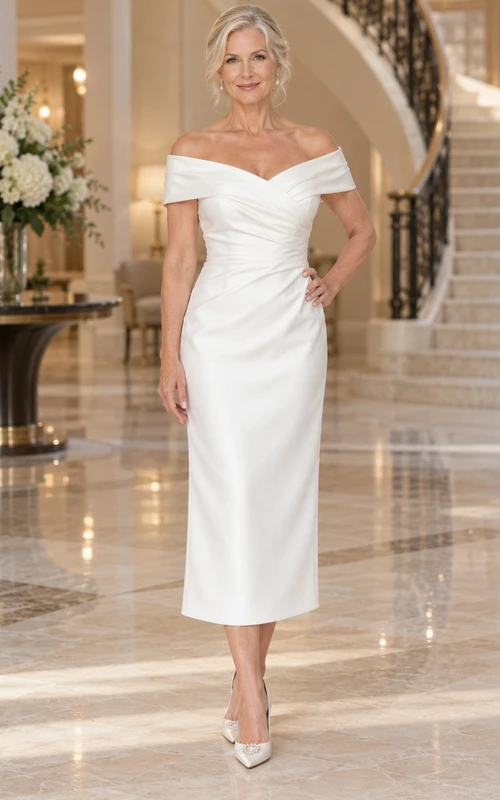 Sencillo vestido de novia de satén tipo tubo, largo hasta la rodilla, con hombros descubiertos y corpiño cruzado, ideal para novias mayores.