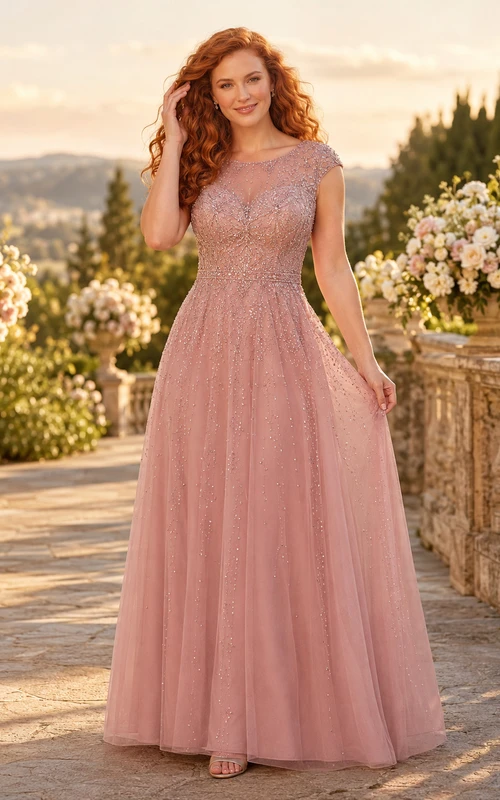 Dusty Rose Cap Sleeve Beaded Tulle Formal Dress