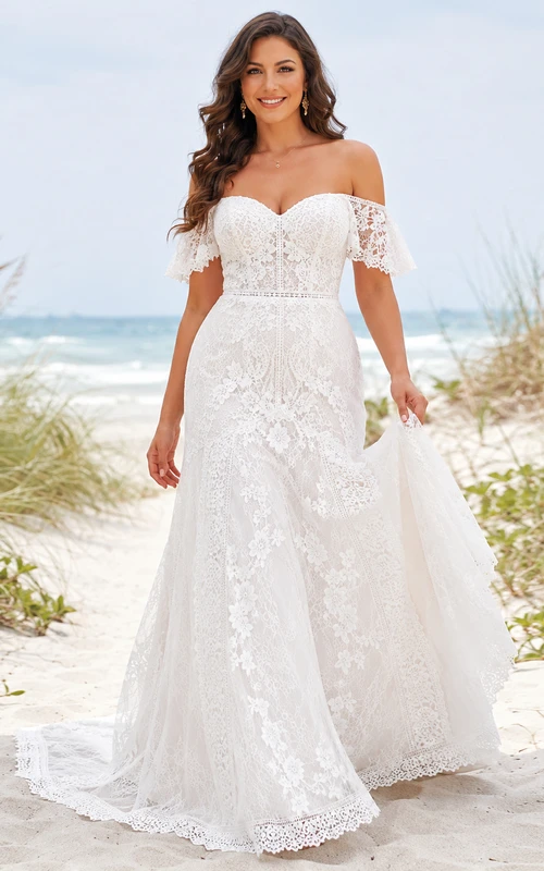 Beach Off Shoulder Flutter Sleeve Lace A-Line Low Back Wedding Dress