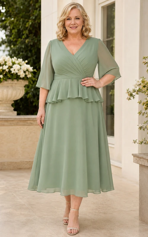 Elegantes Brautkleid in Übergröße in Salbeigrün mit V-Ausschnitt, Dreiviertelärmeln, Rüschen und Schößchen, A-Linien-Schnitt und Teelänge