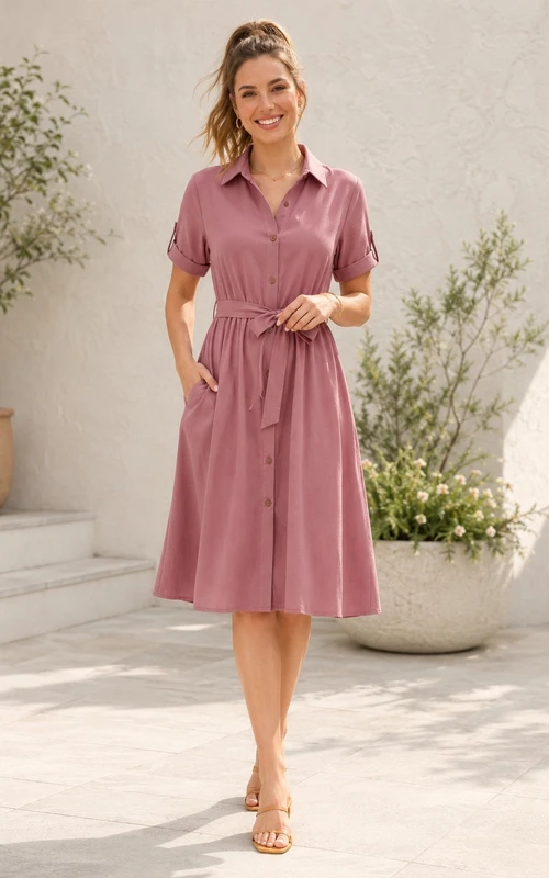 Mauve Satin Wrap V-Neck Short-Sleeve A-Line Midi Dress