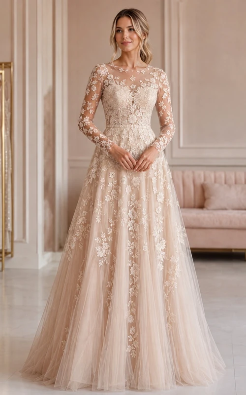 Champagne Long Illusion Sleeve Lace Tulle A-Line Floor-Length Luxury Formal Gown