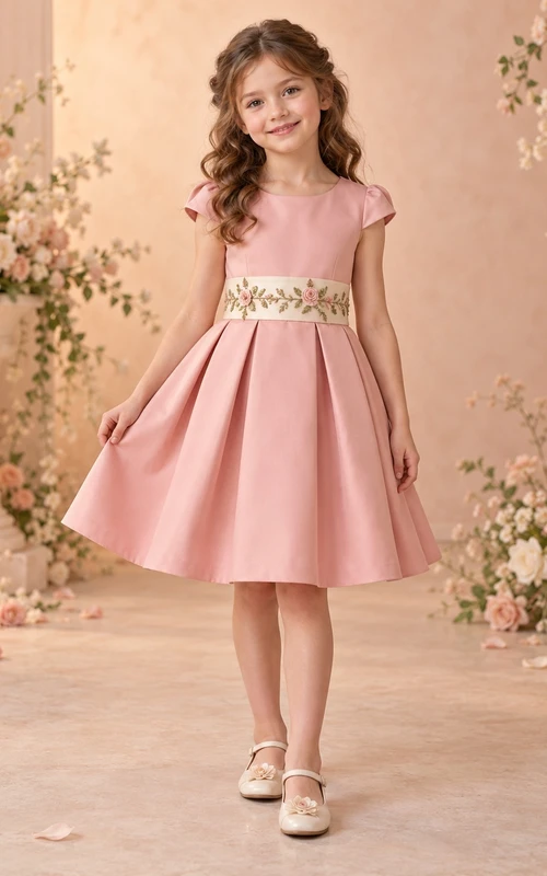 Rosafarbenes Blumenmädchenkleid mit Schärpe, kurzen Ärmeln und Falten am Knie, kurzen Ärmeln und Schärpen