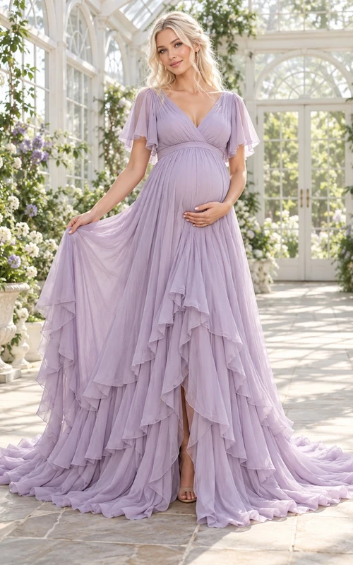 Maternity Lavender Wrap Neck Flutter Sleeve Layered Ruffled Train Gown