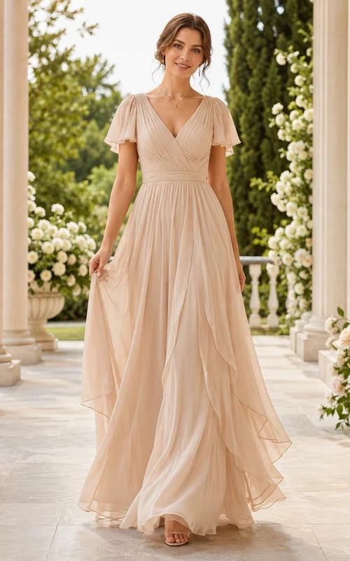 Taupe V-Neck Flutter Sleeve Chiffon Cascading A-Line Floor-Length Romantic Abendkleid Gown