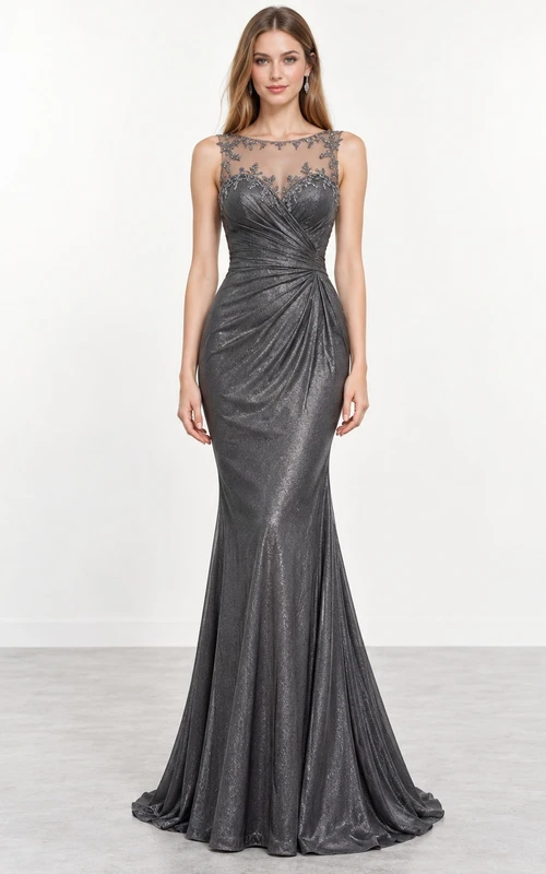 Steel Grey Illusion Lace Ruched Waist Shimmering Mermaid Evening Dress