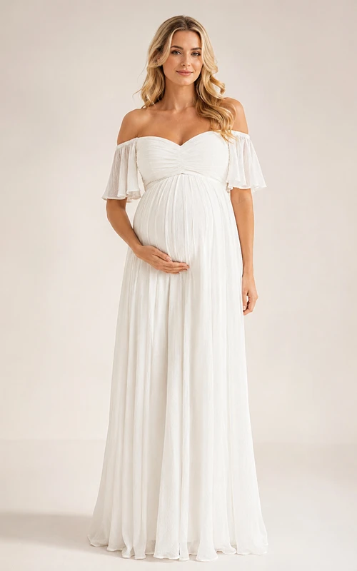 Vestido de novia de maternidad estilo imperio, largo hasta el suelo, con hombros descubiertos y manga corta, de gasa, romántico y elegante, ideal para el jardín.