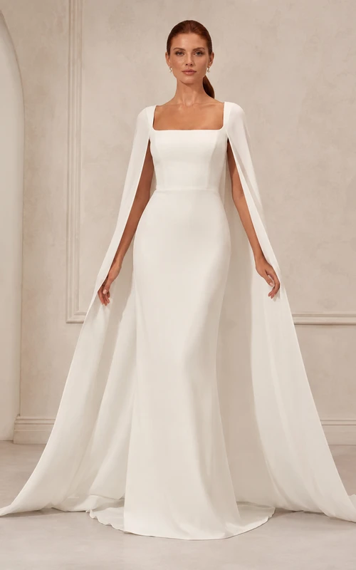 Robe de mariée minimaliste en satin, coupe trapèze, col carré, sans manches, traîne.