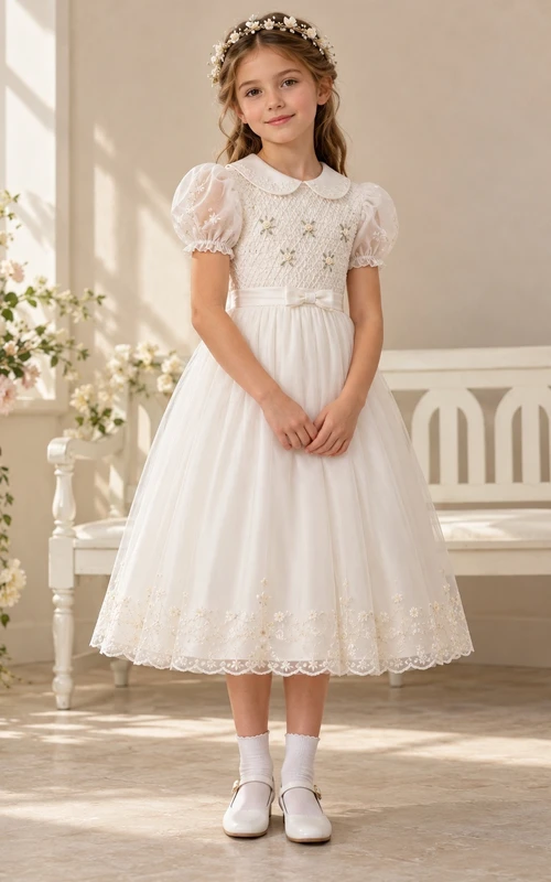 Tea-length Ivory Rounded Collar Floral Smocked Puff Sleeve Communion Dress