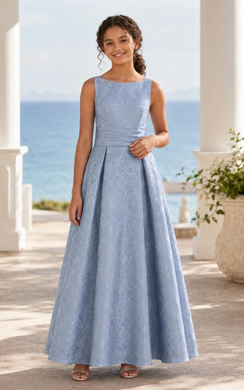 Vestido de dama de honor juvenil azul pizarra, corte en A, sin mangas, jacquard vintage