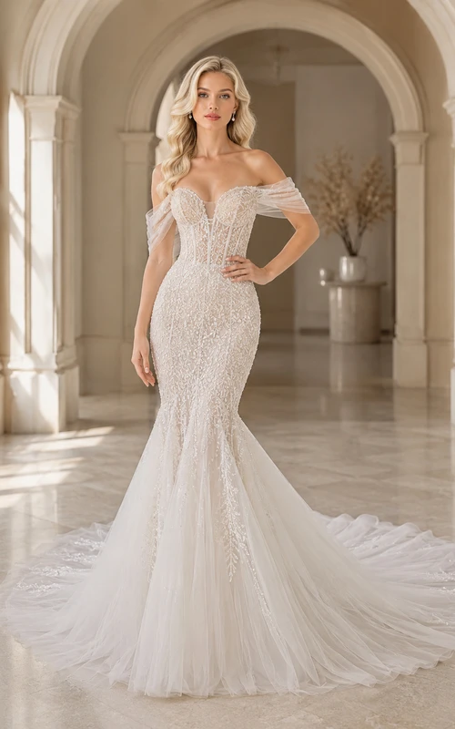 Robe de mariée sirène élégante en tulle et dentelle florale à épaules dénudées et traîne chapelle