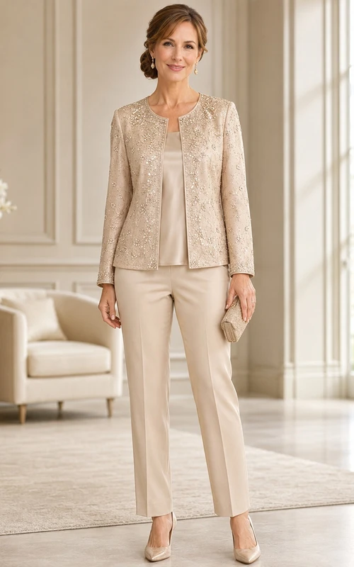 Petite Champagne Jewel Neck Long Sleeve Lace Jumpsuit Formal Mother Pantsuit