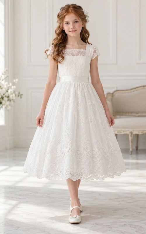 Weißes, teelanges Kommunionskleid mit eckigem Ausschnitt, kurzen Ärmeln und floraler Spitze