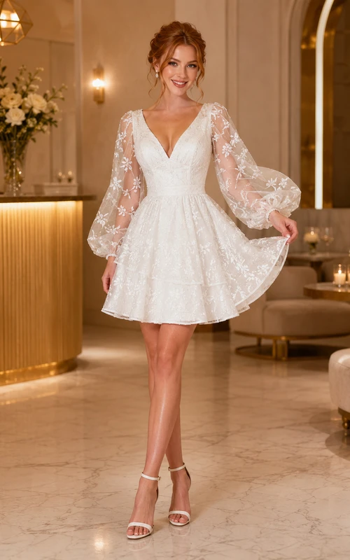 Robe de mariée courte à col en V, manches bouffantes longues en dentelle et coupe trapèze, mini-robe de mariée trapèze à manches bouffantes et col en V, coupe trapèze.
