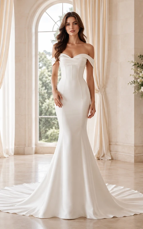 Robe de mariée classique moderne en satin satiné, épaules dénudées, coupe sirène courte et plissée, idéale pour la réception.