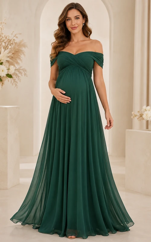 Vestido de maternidad romántico de gasa verde oscuro estilo imperio, largo hasta el suelo, con hombros descubiertos y manga corta, de la marca Forest Embrace.