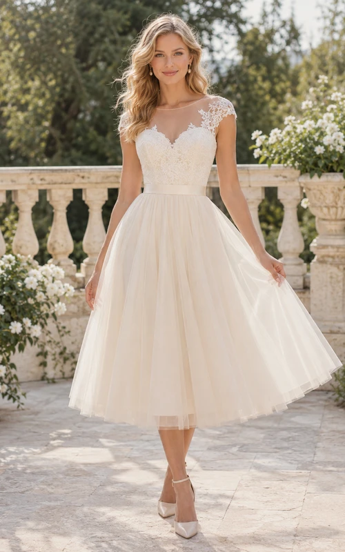 Vestido de novia romántico de tul con escote barco, manga corta y largo hasta la rodilla, estilo jardín.