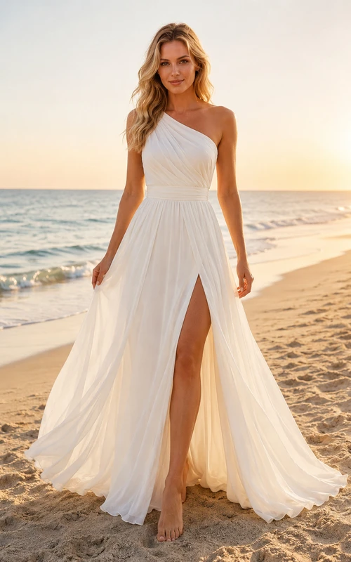 One-Shoulder A-Line Beach Wedding Dress with Split