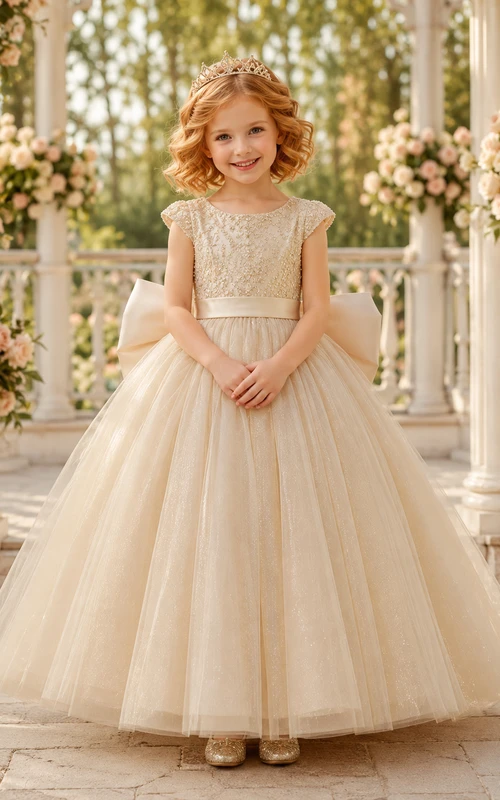 Flower Girl Dress Champagne Lace Tulle Ball Gown Jewel Neck Floor Length Bow Back