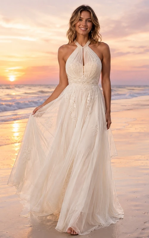 Vestido de novia largo de tul con escote halter y corte en A para fugarse a la playa