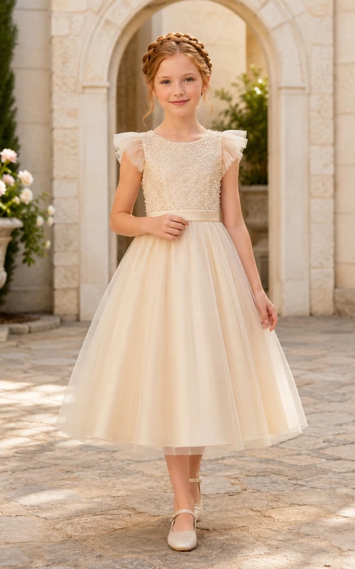 Pearl Ruffle Sleeve Tea-Length A-Line Flower Girl Outdoor Garden Wedding Tulle Dress