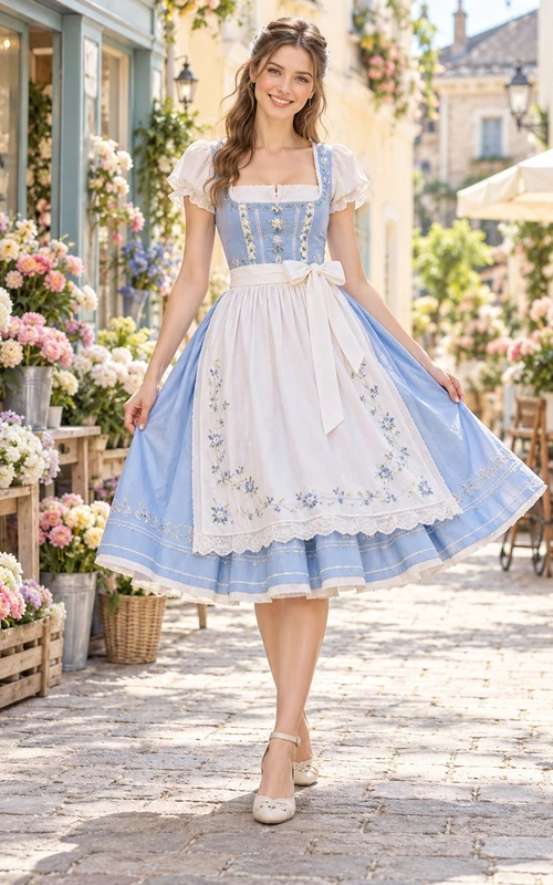 Vintage Sky Blue Square Neck Puff Sleeve Floral Dirndl Dress