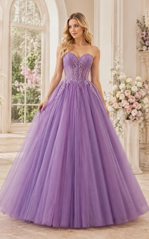Lavender Tulle Strapless Sweetheart Ball Gown Floor Length Quinceanera Dress