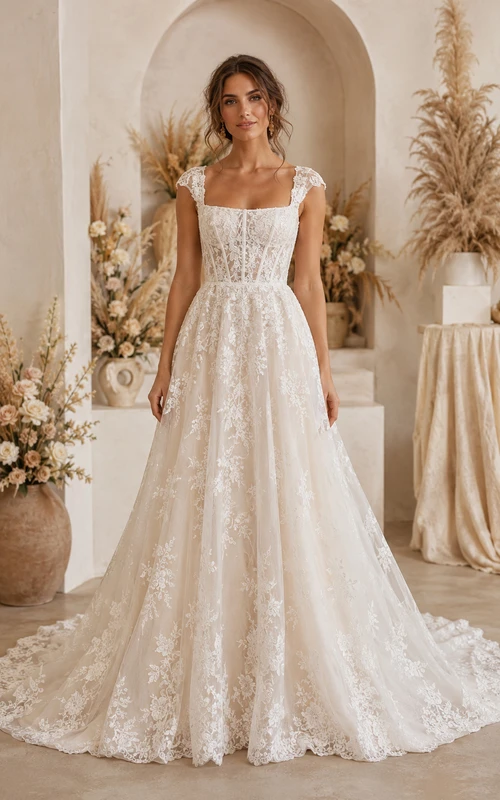 Boho A-Line Wedding Dress Cap Sleeve Square Neck Tulle Lace Applique Floor Length Chapel Train Ivory