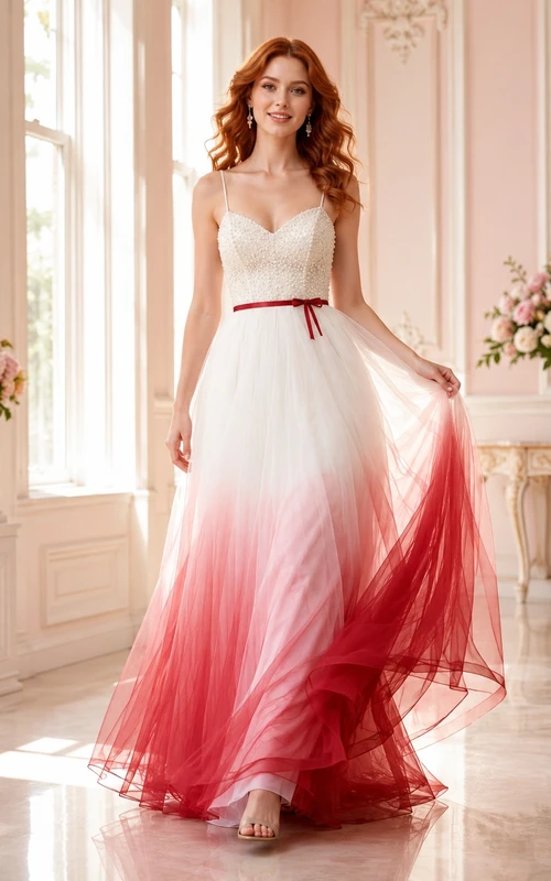 Rotes, bodenlanges, romantisches Brautkleid aus Ombré-Tüll mit Spaghettiträgern, ärmellos, A-Linie