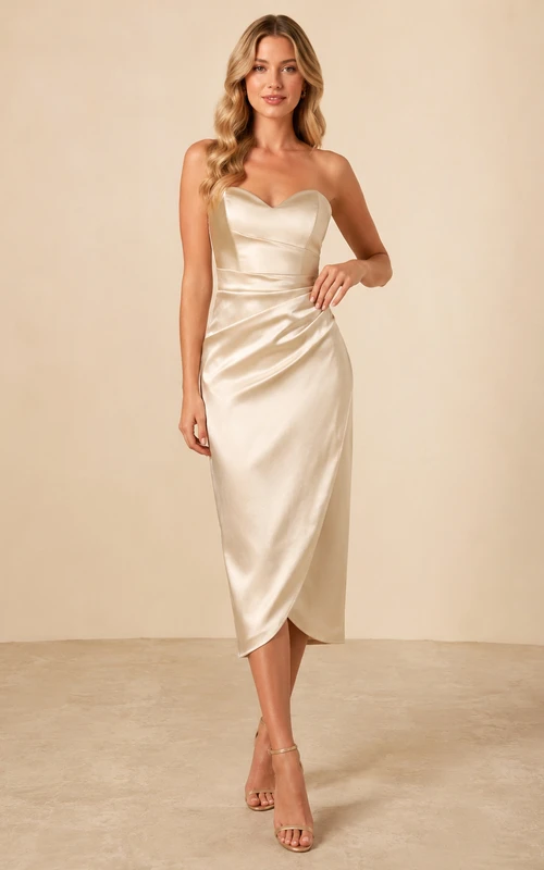 Champagne Strapless Satin Wrap Midi Cocktail Dress