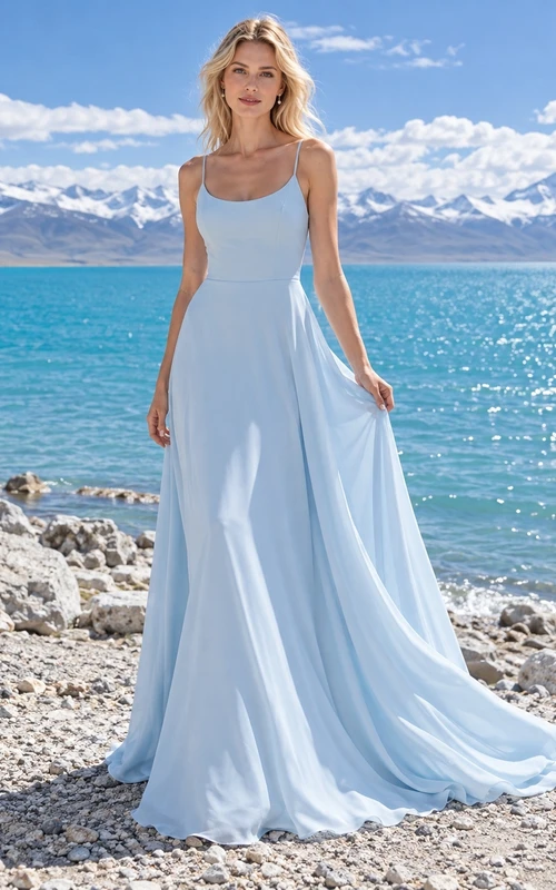 Vestido de novia sencillo de corte A con escote redondo y sin mangas en azul cielo