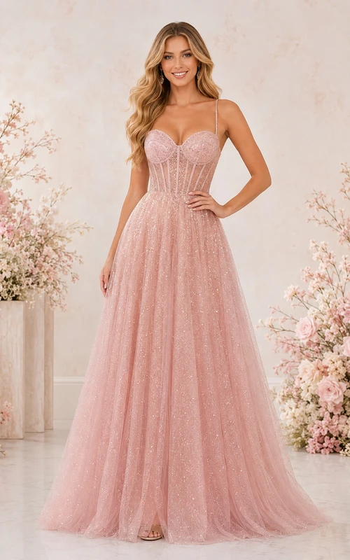 Robe de bal grande taille en tulle rose poudré pailleté, coupe trapèze, bretelles spaghetti et corsage corset