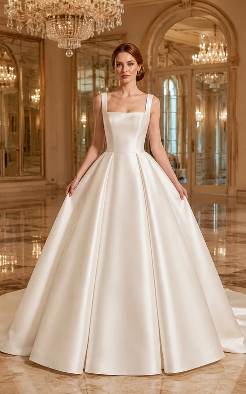 Robe de mariée minimaliste en satin, robe de bal, col carré, sans manches, traîne courte