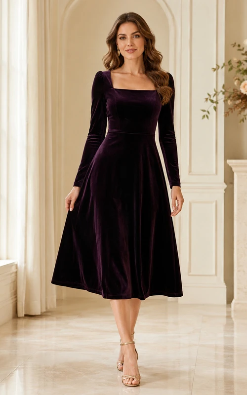Plum Square Neck Long Sleeve Velvet A-Line Midi Wedding Guest Dress