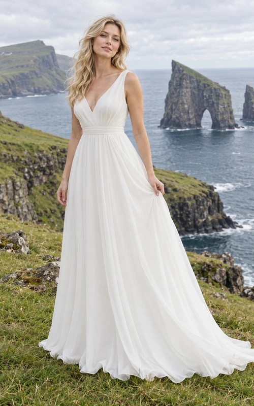Vestido de novia sencillo de corte A con escote en V y mangas de georgette, con cintura fruncida.