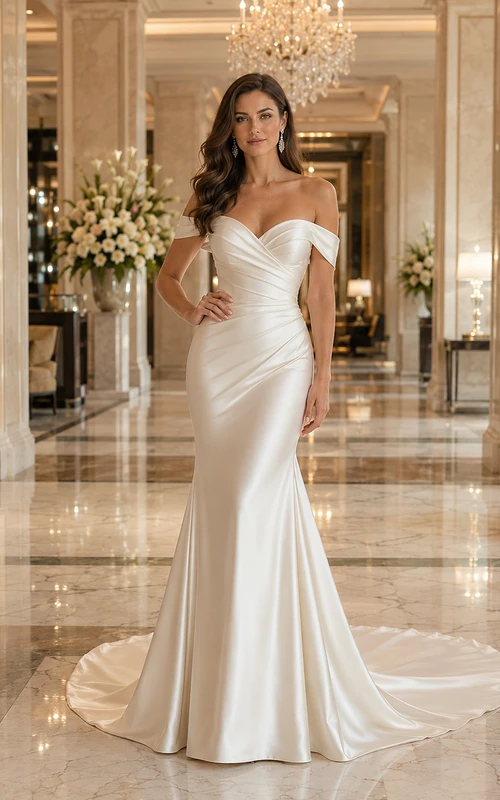Robe de mariée minimaliste en satin, style sirène, épaules dénudées et traîne chapelle.